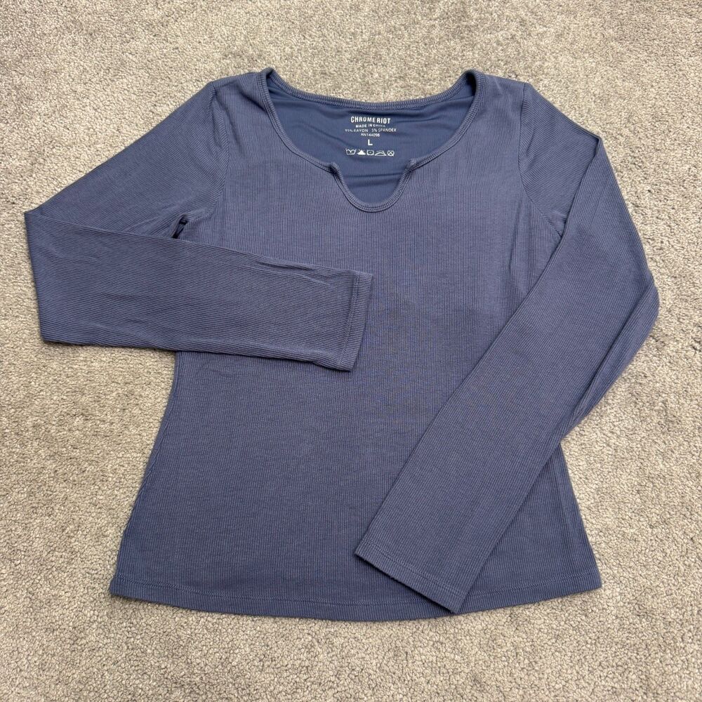 Chrome Riot Long Sleeve Active Top Women Large Blue Ribbed Stretch Athleisure